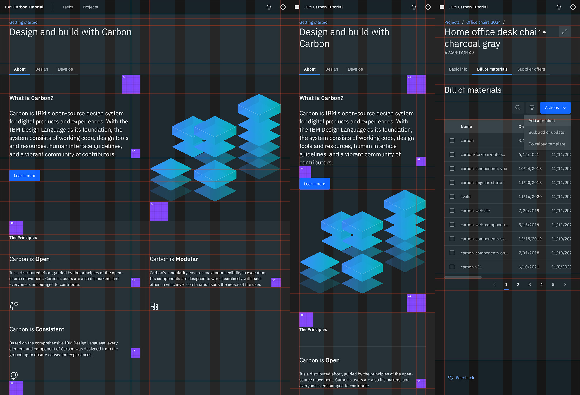 Sample pages at 8 and 4 grid columns wide, showing adaptive layout via custom components that reconfigure based on breakpoints, responsive layout with line wraps, and horizontal table scrolling.